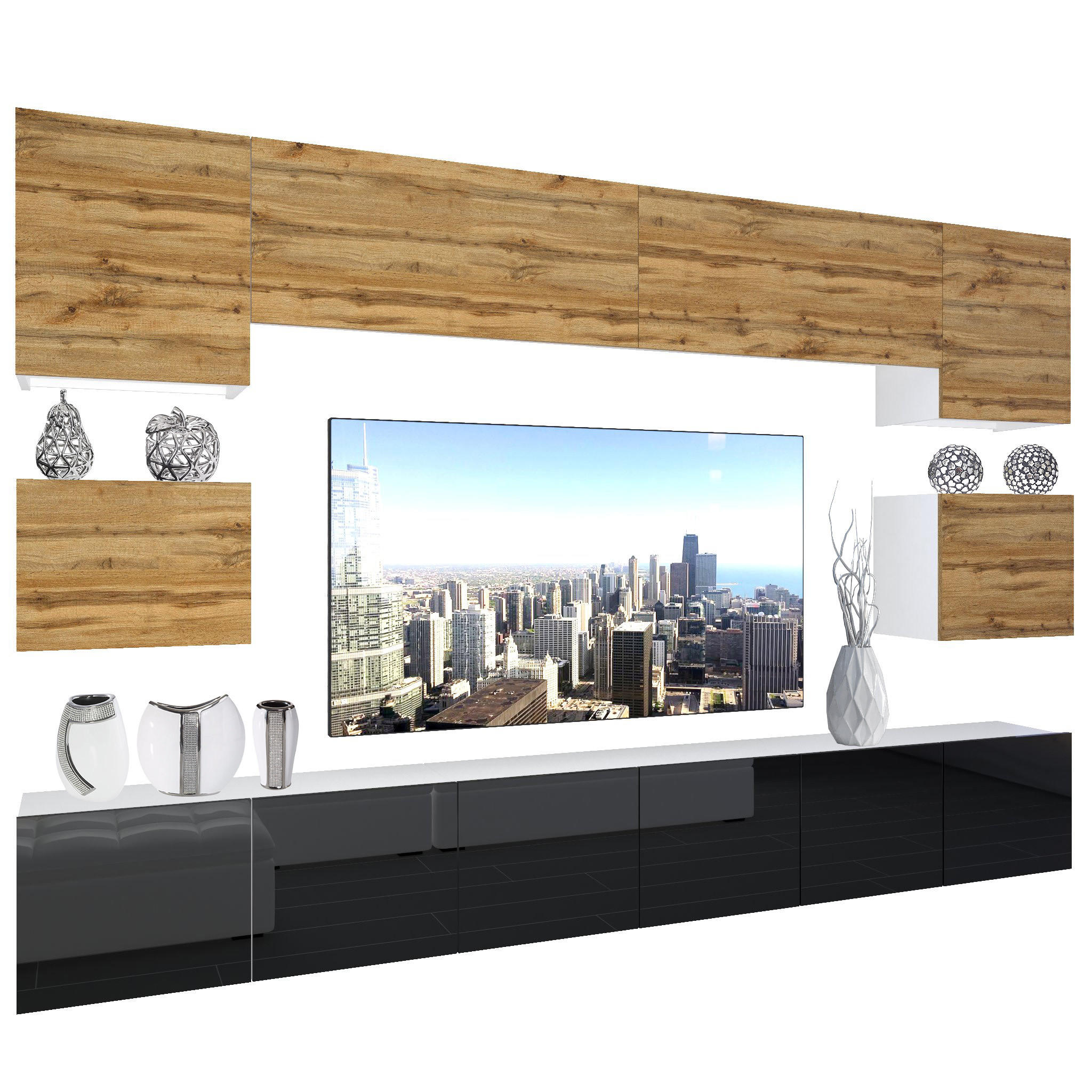 WOHNZIMMERWAND Schrankwand mit LED Eiche Wotan / Schwarz - Eiche Wotan/Schwarz, Holz (300/180/36cm) - B BELINI GROUP