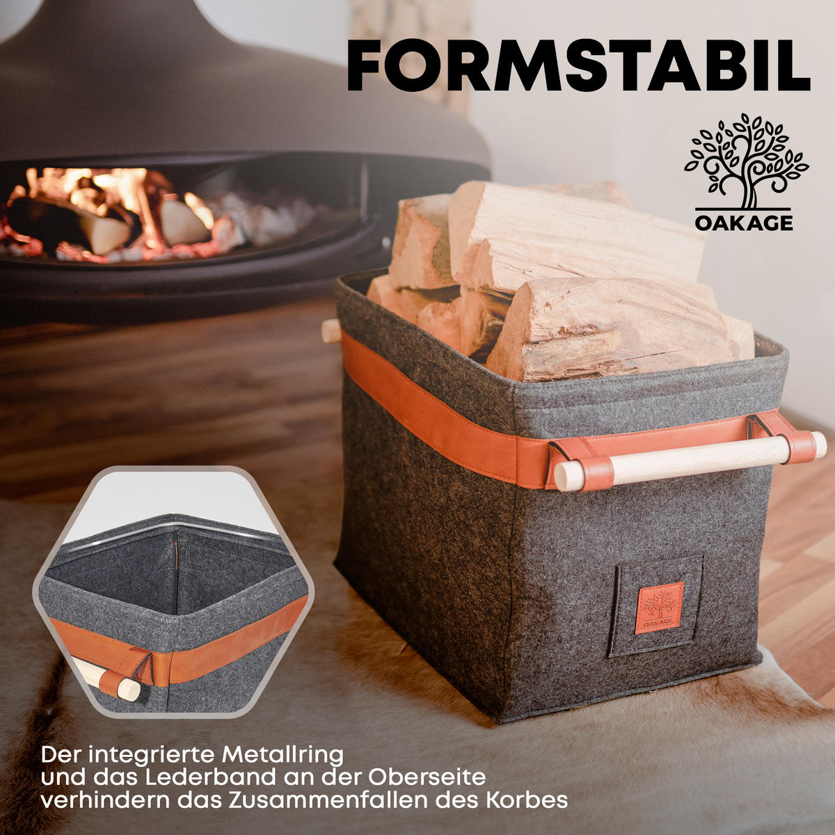 KAMINHOLZKORB Classic Filz mit Metallrahmen für Zusatzstabilität 42/32/35 cm - Dunkelgrau, Textil (32/35/42cm) - OAKAGE