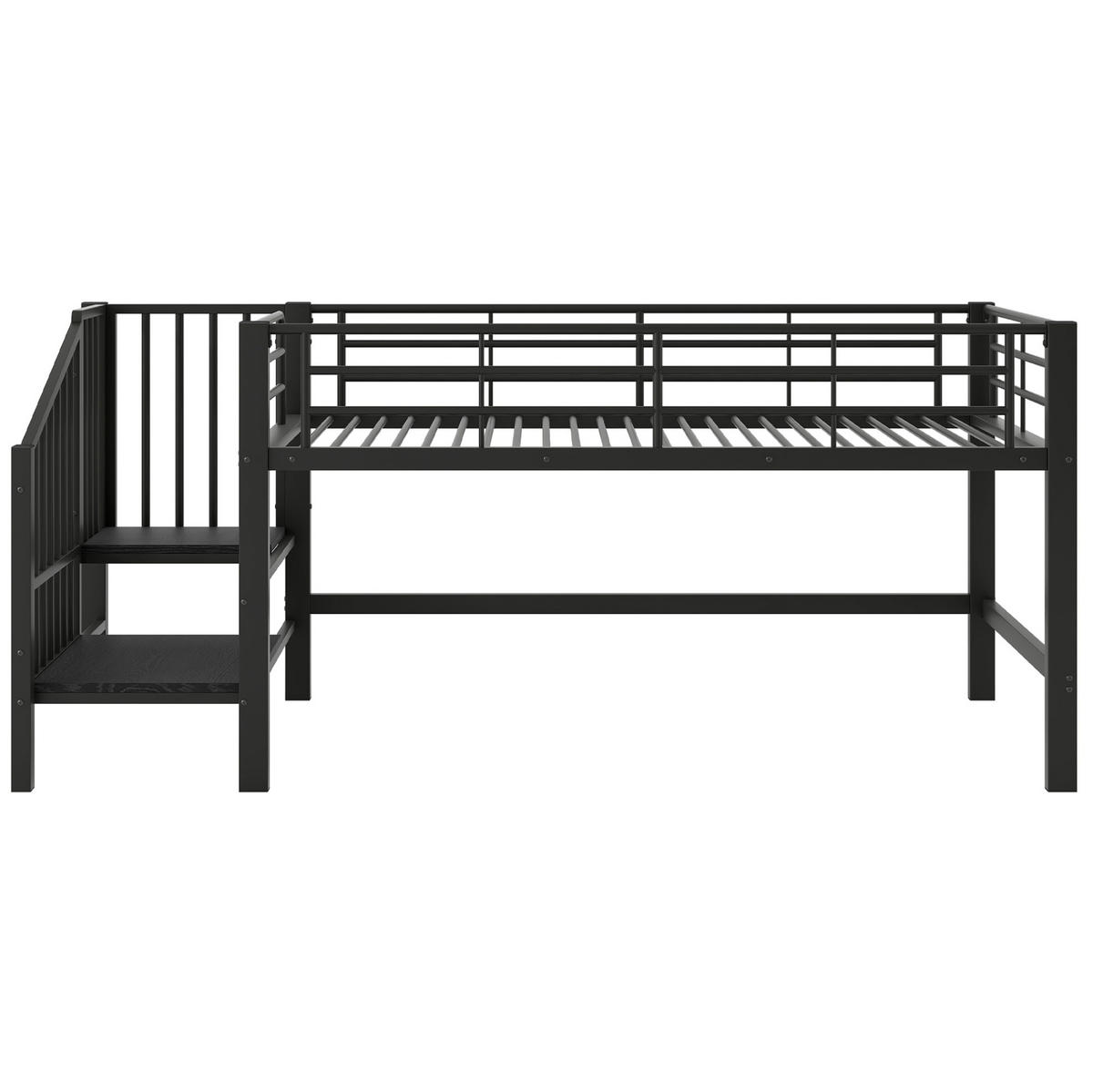 HOCHBETT 90/200 cm mit Stauraumtreppe und Lattenrost aus Metall und MDF, Schwarz - Schwarz, Holzwerkstoff (90/200cm) - Redom