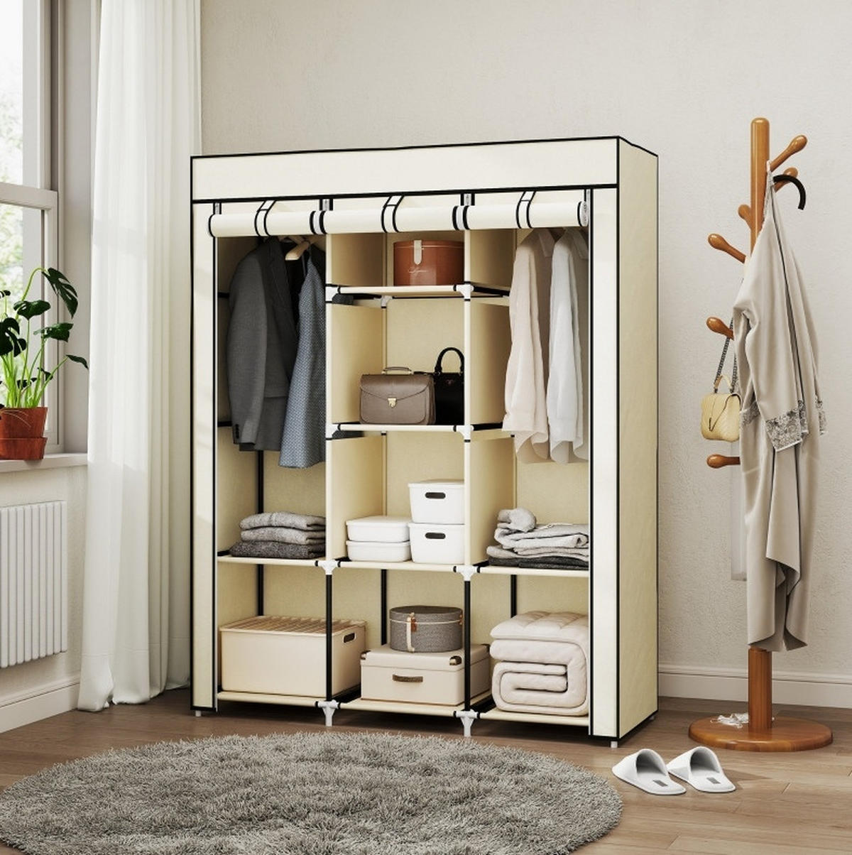 KLEIDERSCHRANK 125/162,5/43 cm Cremeweiß aus Stoff mit Kleiderstangen - Creme, Textil (43/162.5/125cm) - OKMYHOME