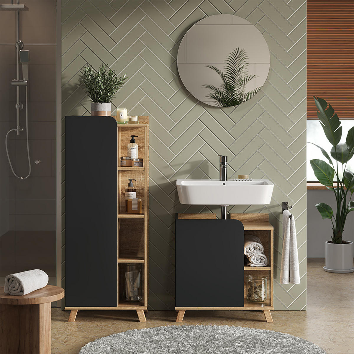 MIDISCHRANK Karen Anthrazit 50 x 128 cm mit Tür und offenen Fächern - Anthrazit/Sonoma Eiche, Holzwerkstoff (50/128/35cm) - Vicco
