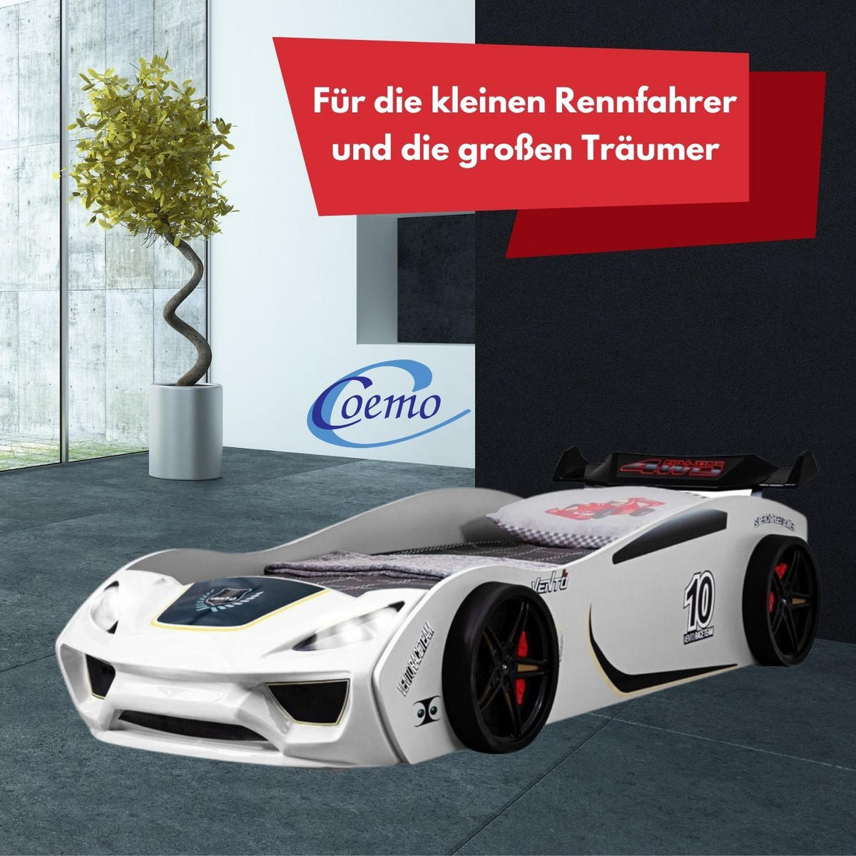 AUTOBETT VENTO Kinderbett in Weiß mit Lattenrost 260/106/60 cm - Weiß, Holzwerkstoff (90/200cm) - Coemo