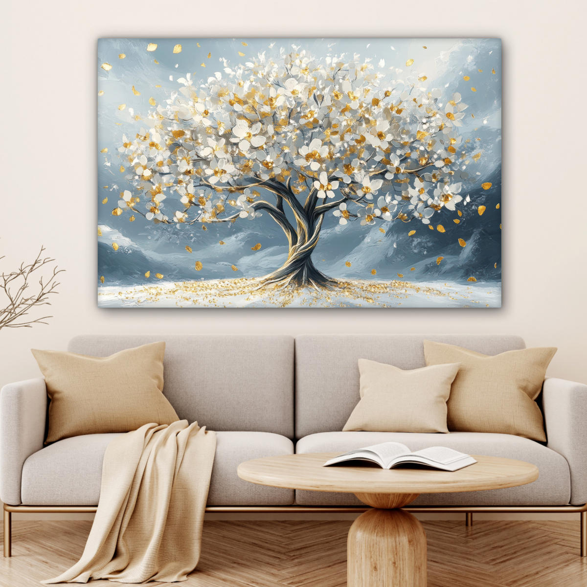 LEINWANDBILD Baum - Winter - Baum des Lebens - Modern - Gold Wohnzimmer 120x80 cm - Goldfarben, Textil (120/80cm) - MuchoWow