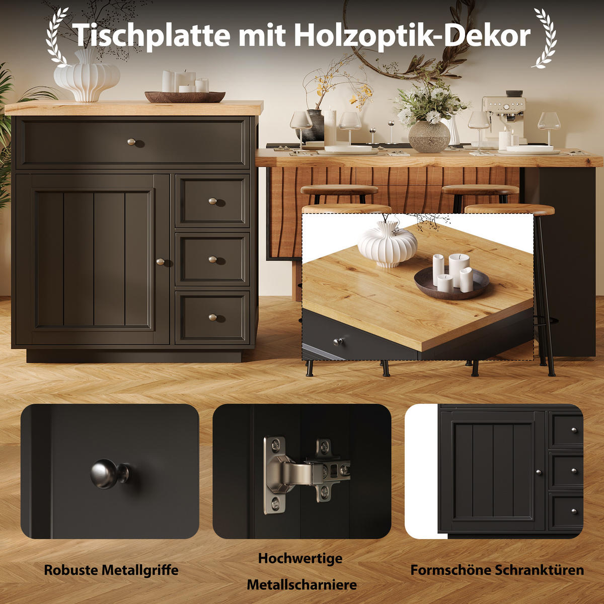 KÜCHENINSEL Ausziehbar Schubladen Rollen Holzoptik Schwarz - Schwarz, Holzwerkstoff (184/94/70cm) - FLIEKS