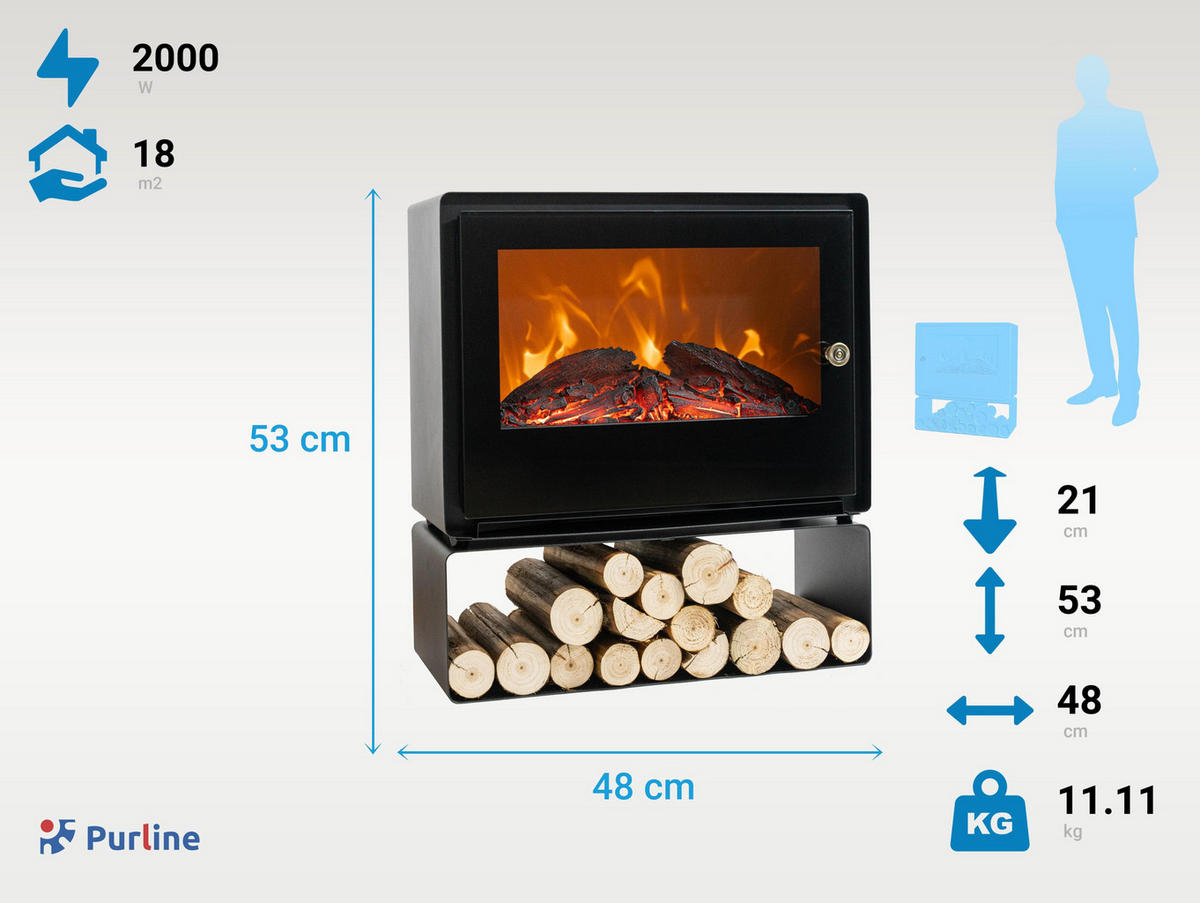 ELEKTROKAMIN Schwarz Bodenmodell mit integrierter Heizung 2000 W - Schwarz, Glas (48/53/21cm) - Purline