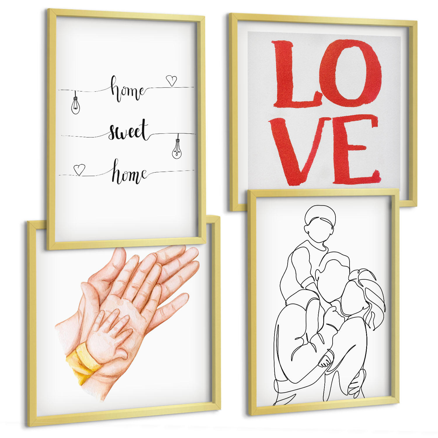 BILDER SET 4er Set - 50x50 cm & 40x60 cm Goldrahmen - Familienillustrationen Hausschilder - Goldfarben, Kunststoff (50/50cm) - TULUP
