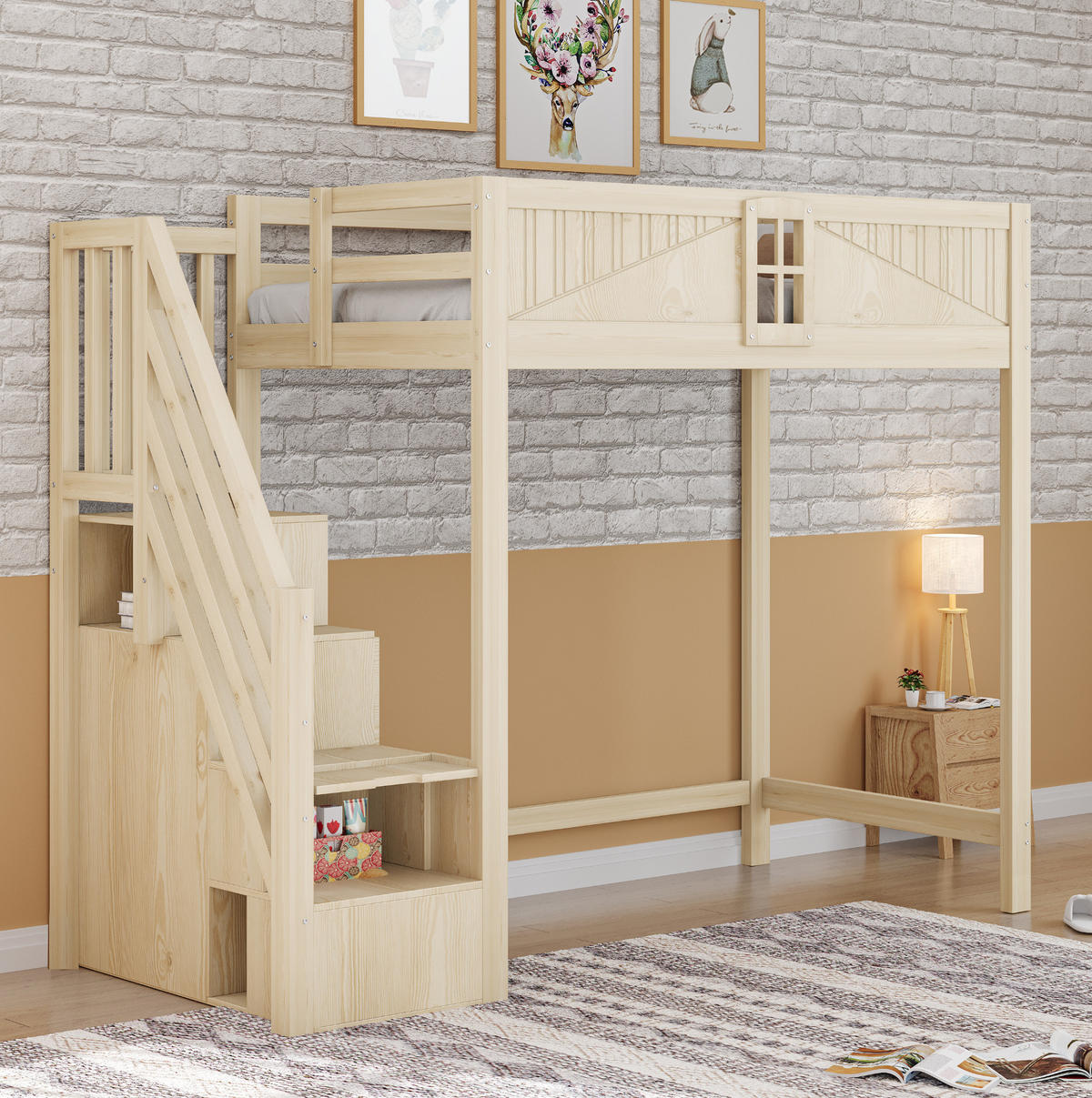 HOCHBETT 90/200 cm aus Massivholz mit Stauraumleiter und Sicherheitsumrandung - Naturfarben, Holzwerkstoff (90/200cm) - Flora Grace