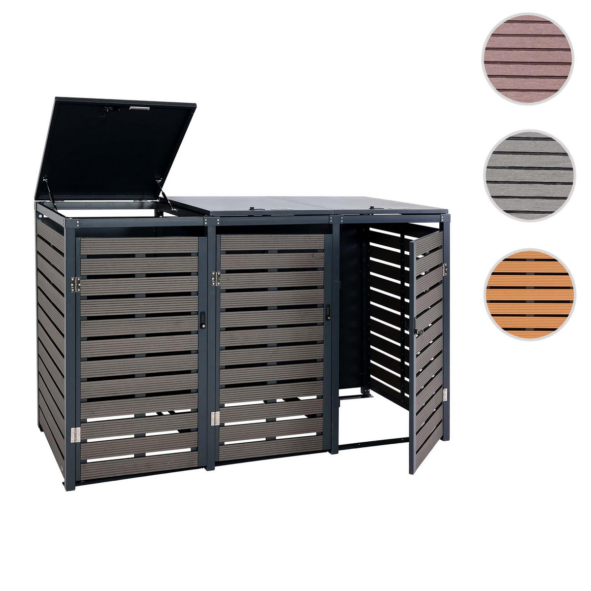 MÜLLTONNENBOX 3er HxBxT 119x205x84cm Walnuss-Holzoptik WPC Metall 109kg - Braun, Metall (205/119/84cm) - PROREGAL