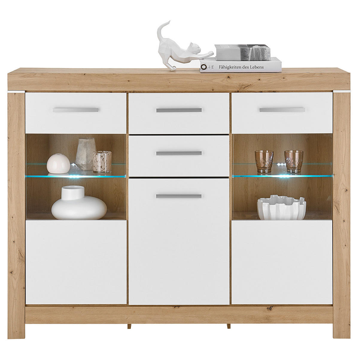 BELEUCHTETES SIDEBOARD - Weiß / Eiche Artisan Dekor - Eichefarben/Silberfarben, Holzwerkstoff/Kunststoff (160/125/45cm) - home24
