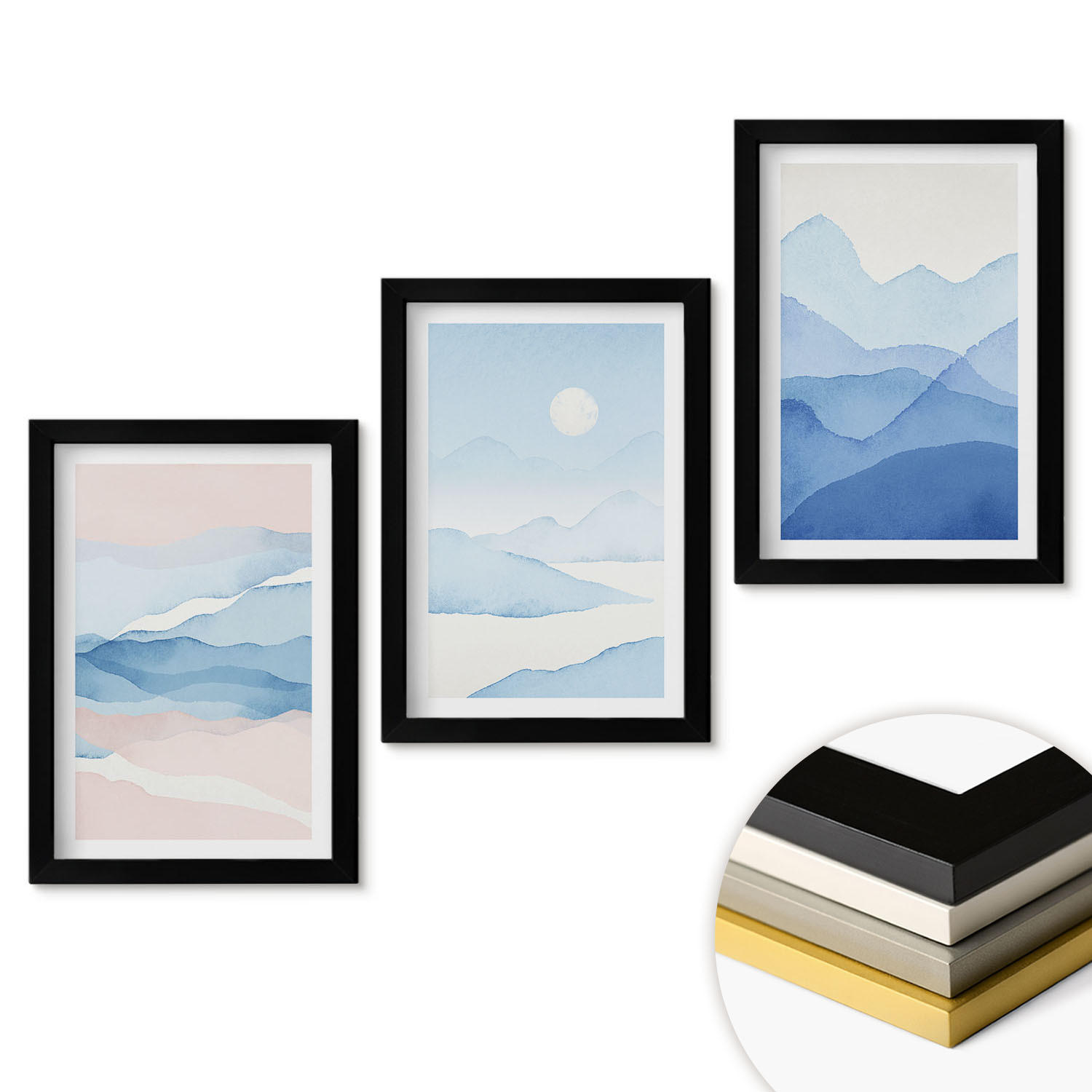 WANDBILDER 3er-Set - 20x30 cm Schwarzer Rahmen - Aquarell: Blau-rosa Berge - Schwarz, Kunststoff (20/30cm) - ArtPrintCave