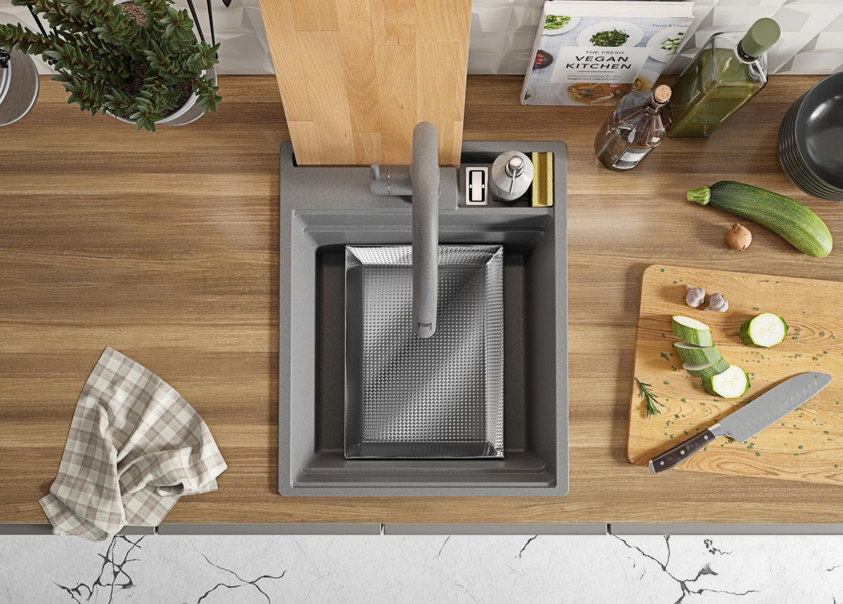 GRANITSPÜLE Oslo Pocket, 2-er set Grau 43/53 cm 1 Becken + Küchenarmatur 40/20 cm + Ablauf-Set + Küchenzubehörset ab 45er Unterschrank - Chromfarben/Beige, Kunststoff (43/20/53cm) - Primagran