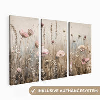 LEINWANDBILD 3er Set Blumen - Beige - Modern - Rosa 60x40 cm - Ecru, Textil (60/40cm) - MuchoWow