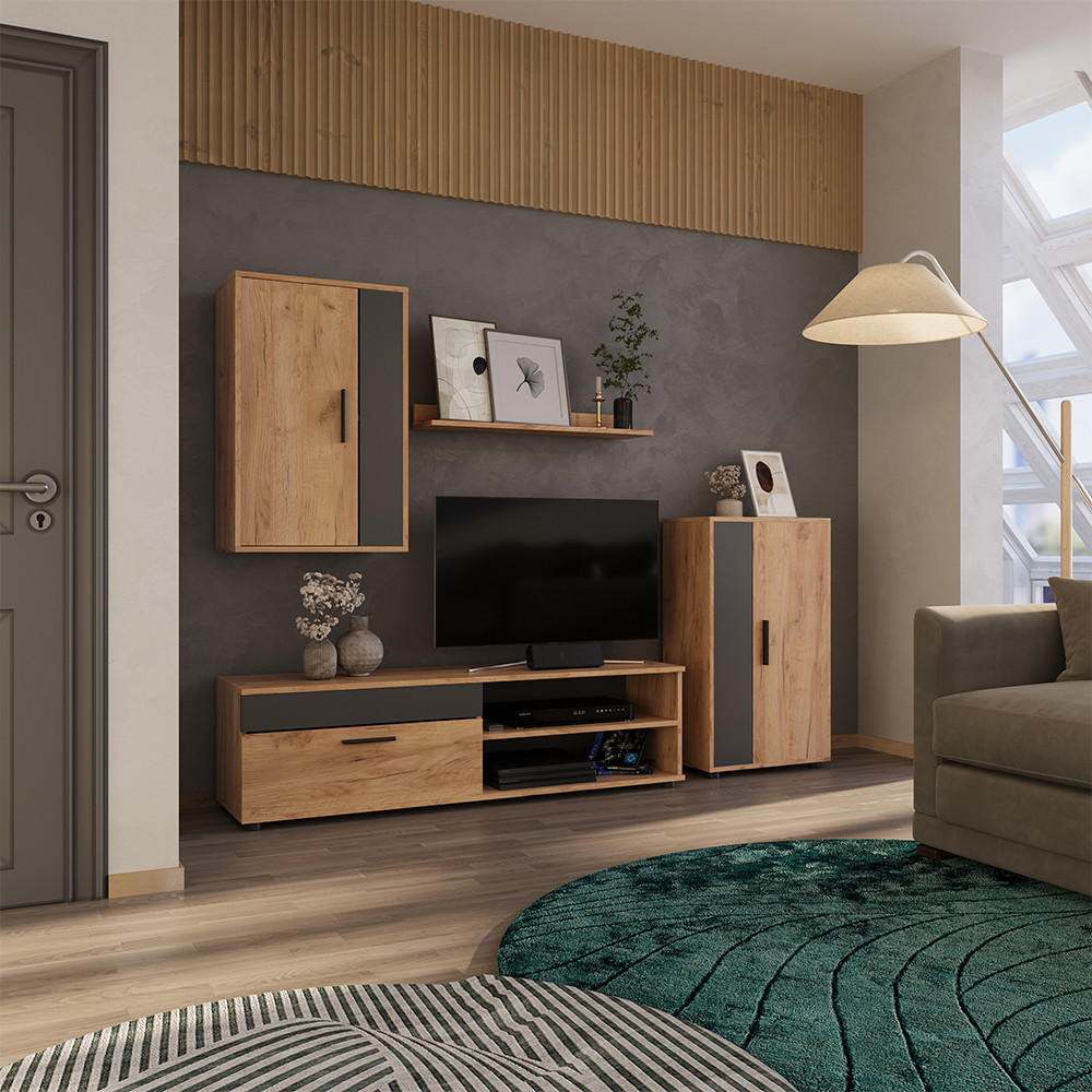WOHNWAND Berno Goldkraft Eiche/Anthrazit set, 4 Teile - Honigeiche/Anthrazit, Holzwerkstoff (78/8/17.1cm) - Vicco