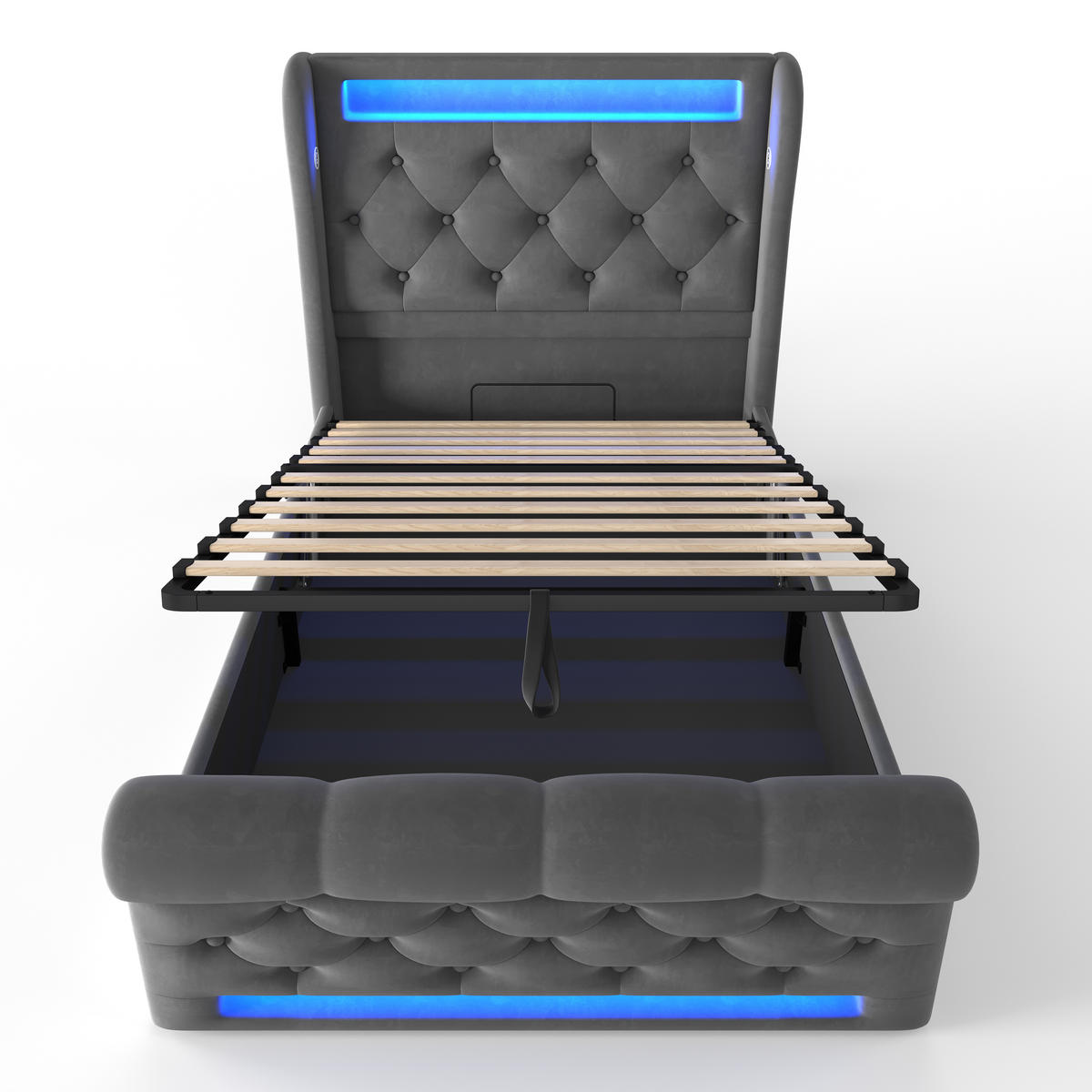 POLSTERBETT 90/200 cm mit LED-Beleuchtung, USB- und Type-C-Anschluss, hydraulischem Bettkasten, Samt, Grau - Grau, Textil (90/200cm) - Redom