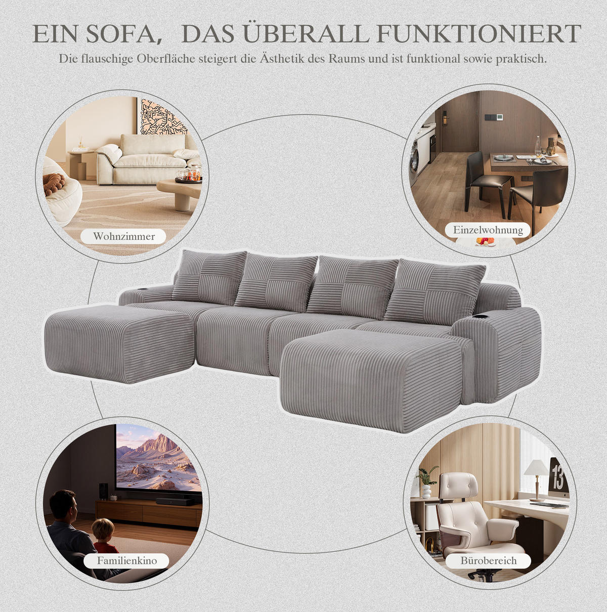 MODULARES Sofa 333/174/80 cm in Hellgrau mit 2 Hockern und Getränkehalter - Hellgrau, Textil (174/80/333cm) - Flora Grace