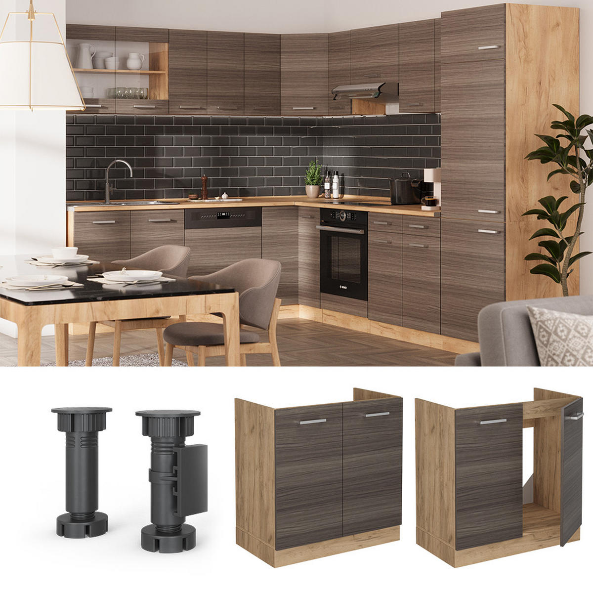 SPÜLENUNTERSCHRANK R-Line Edelgrau 80 cm , AP Eiche - Honigeiche/Eiche Wotan, Holzwerkstoff (80/81.6/60cm) - Vicco