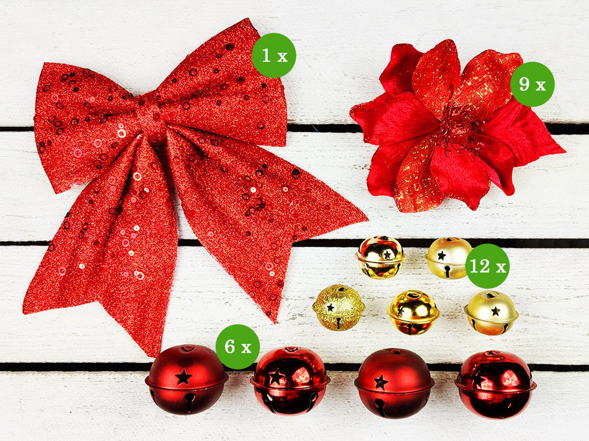 WEIHNACHTSBAUM künstlicher 60 cm mit LED-Beleuchtung, GLÖCKCHEN, mit 28 Weihnachtsbaumschmuck, Pflanztopf mit Jutesack - Rot/Goldfarben, Kunststoff/Stein (40/60cm) - LAALU
