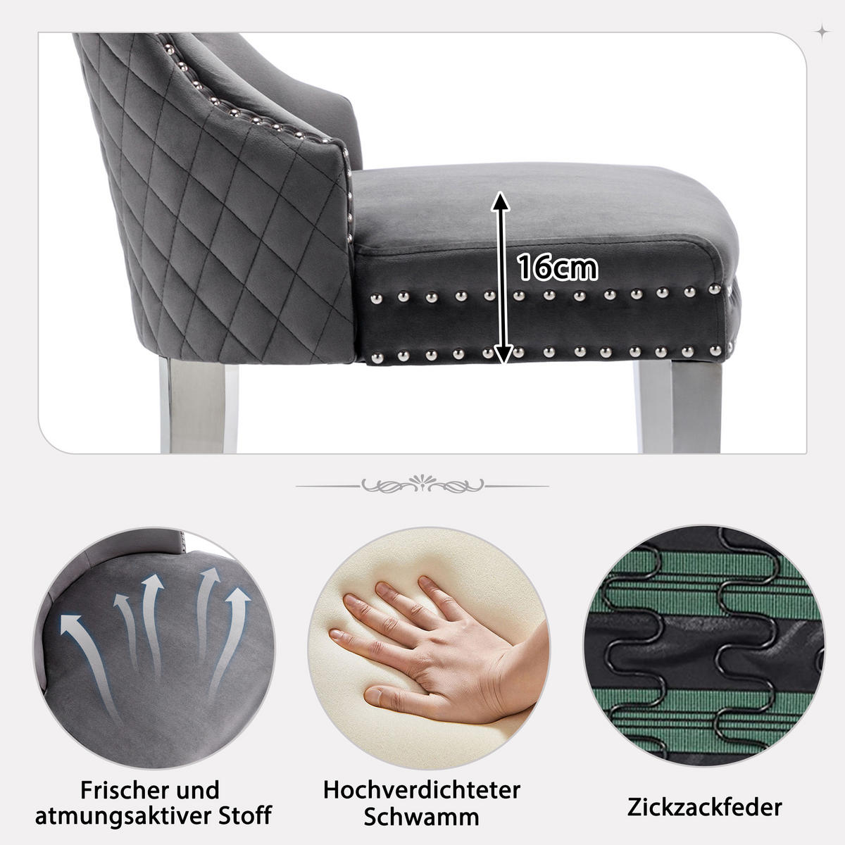 ESSZIMMERSTUHL 2-Tlg Samt Grau, Nagelkopf, Metall Beine - Grau, Textil (53/94.5/62.5cm) - FLIEKS
