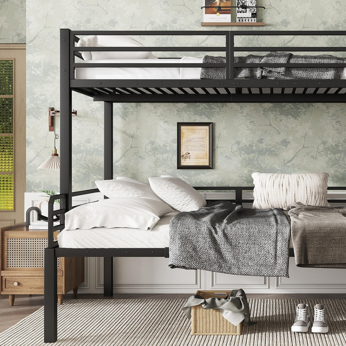 ETAGENBETT 90/120x200 cm aus Metall mit Eckleiter und Stauraum in Schwarz - Schwarz, Holzwerkstoff (90/200cm) - Flora Grace