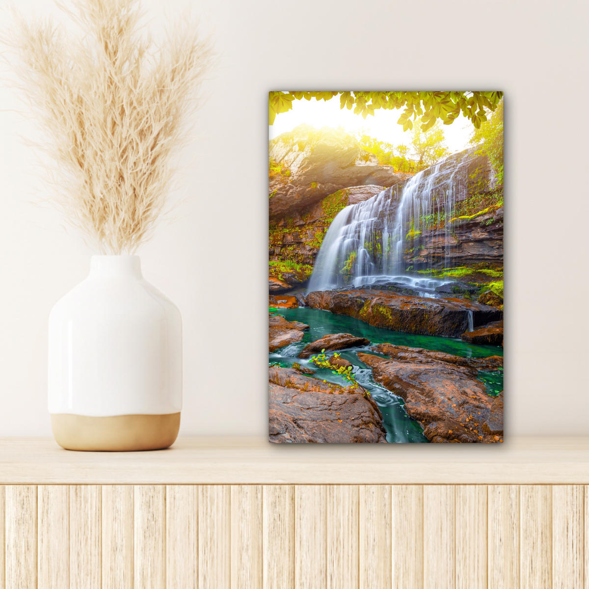 LEINWANDBILD Natur - Wasserfall - Pflanzen - Bäume - Sonne Deko Wohnzimmer 20x30 cm - Olivgrün, Textil (20/30cm) - MuchoWow