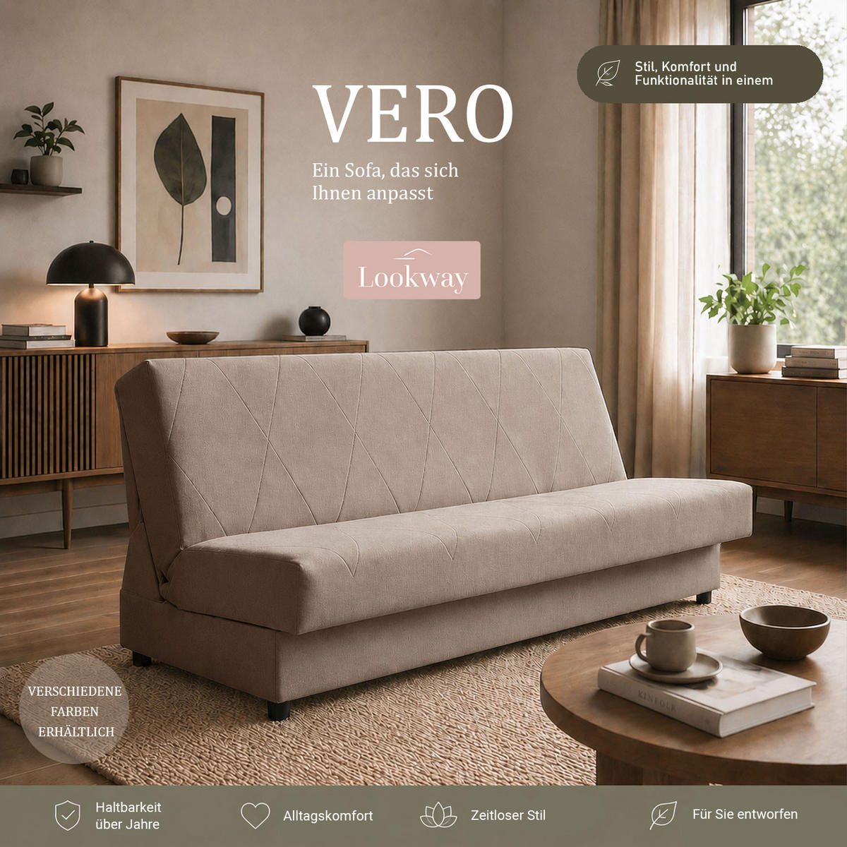 SCHLAFSOFA VERO mit Schlaffunktion Castel 15 - Beige, Textil (191/88/90cm) - Lookway