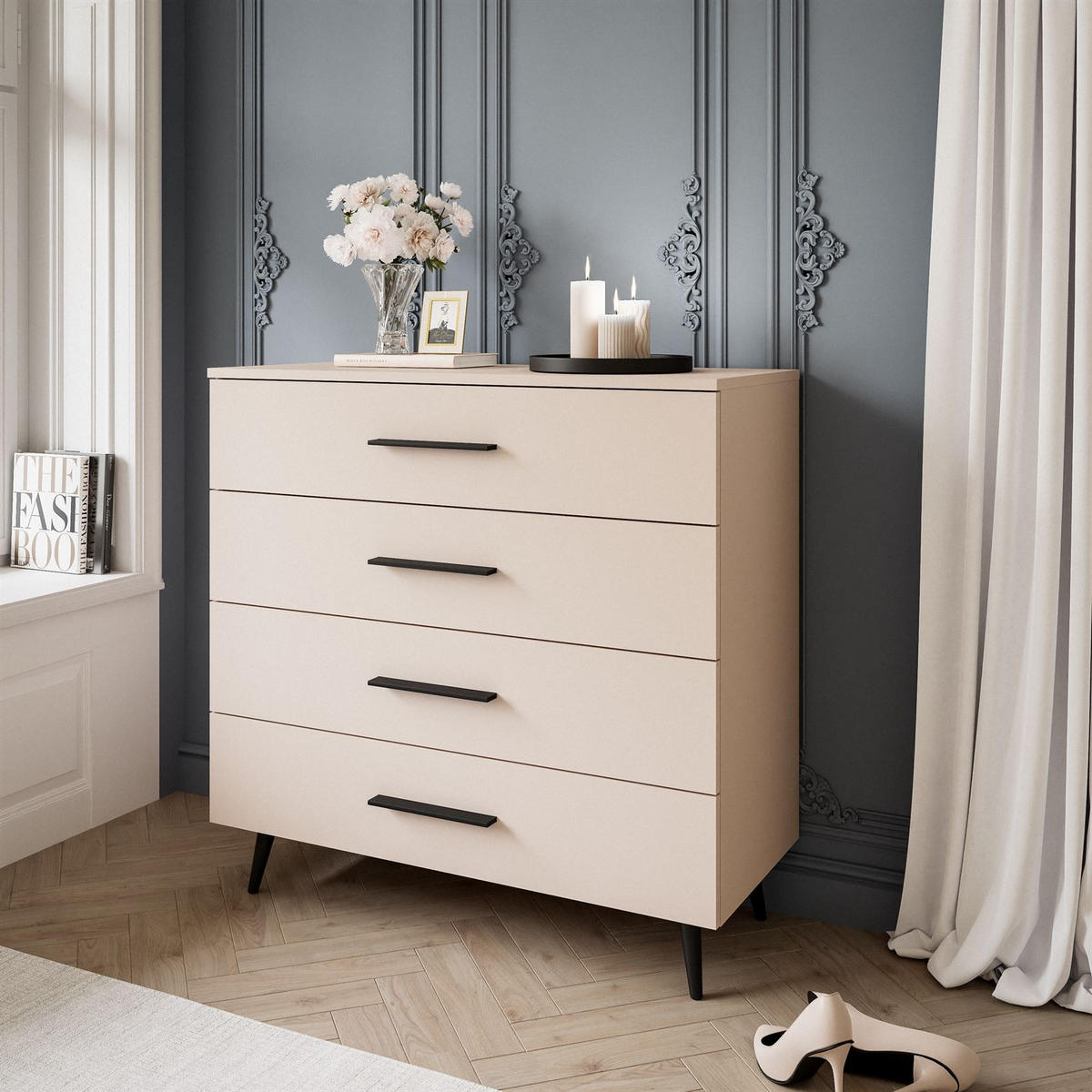 KOMMODE AURA KASCHMIR 4S mit Schubladen Schwarze Beine und Griffe - Kaschmir/Schwarz, Holzwerkstoff (95/90/40cm) - Lookway