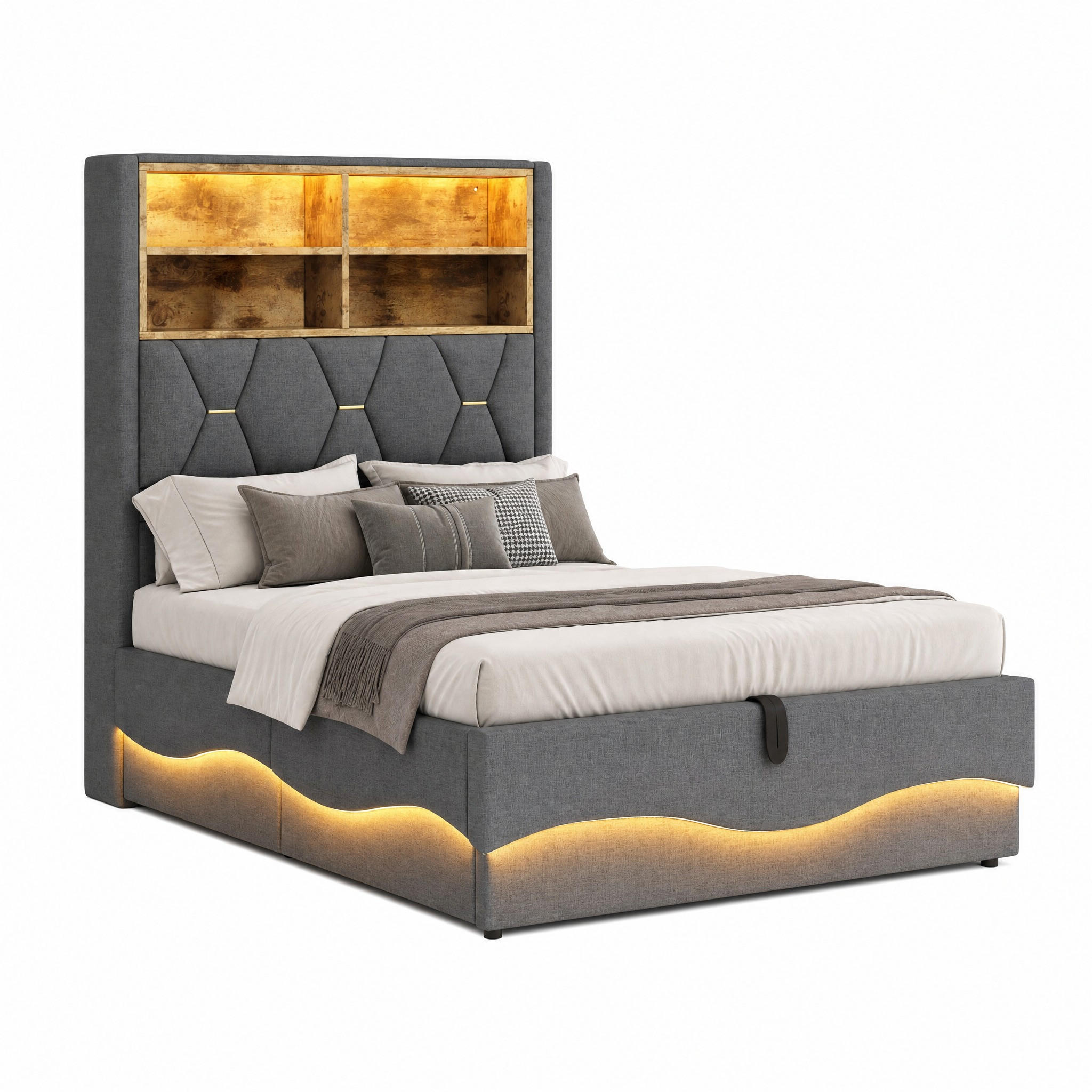 KINDERBETT mit Stauraum und LED 90x200 cm Leinen Grau - Grau, Metall (90/200cm) - Meubliv