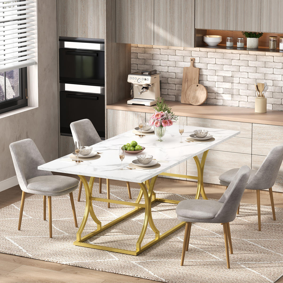 ESSTISCH Weiß + Gold mit Metallbeinen und verstellbaren Fußgleitern 200/80/76 cm - Weiß, Holz (80/200/76cm) - Oxeza