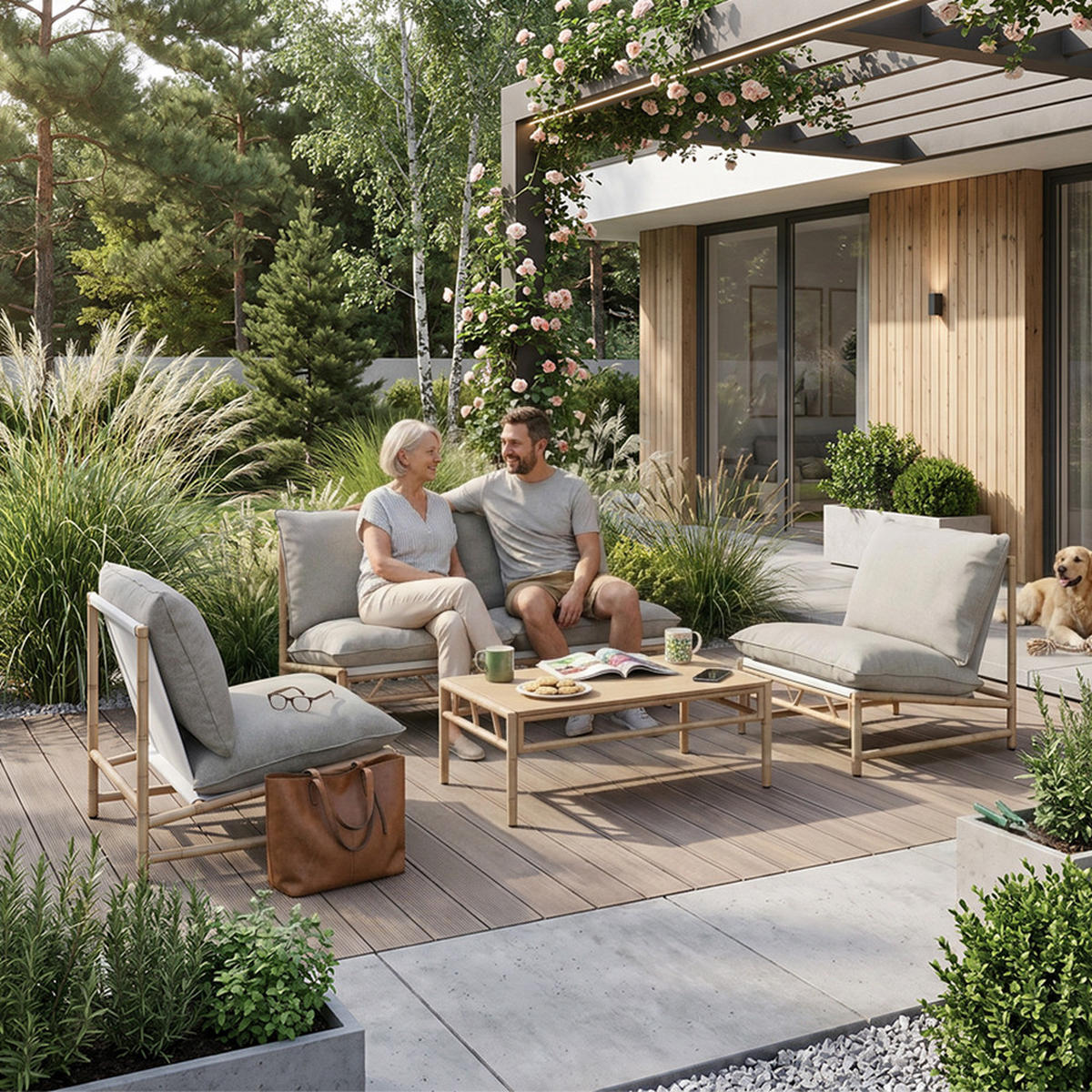 GARTENSET Kairo 2-Sitzer-Sofa, 2 Sessel und Tisch, Metallrahmen, von Bambus inspiriertes, Grau+Beige - Beige/Grau, Metall - Beautysofa
