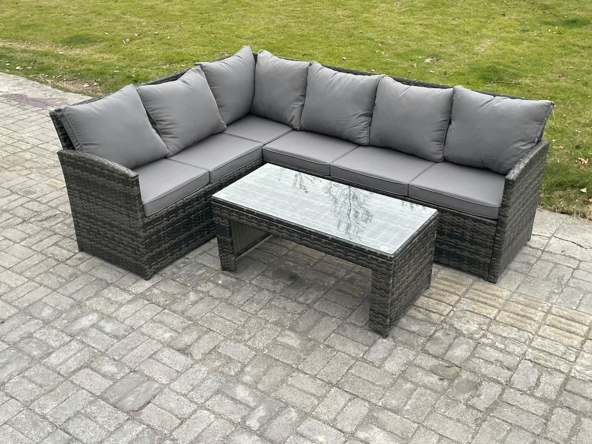 SITZGRUPPE mit Ecksofa,Länglicher Couchtisch Polyrattan 6-Sitzer - Dunkelgrau/Grau, Glas/Kunststoff - Fimous