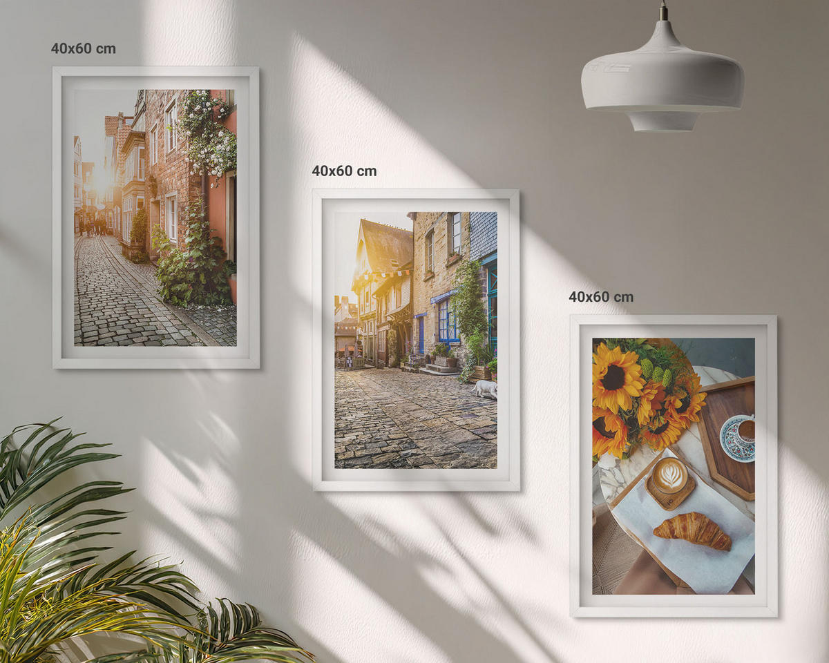 BILDER SET 3er Set - 40x60 cm Weißer Rahmen - Straßenkaffee Sonnenblumen - Weiß, Kunststoff (40/60cm) - TULUP