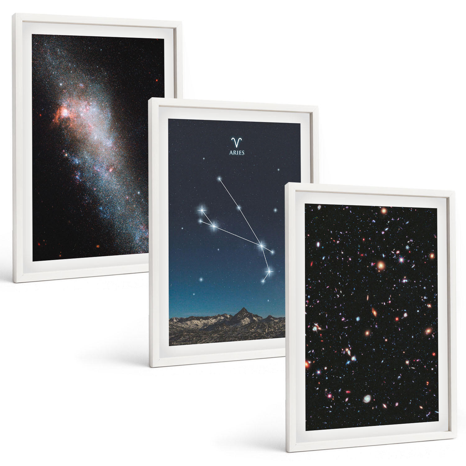 BILDER SET 3er Set - 40x60 cm Weißer Rahmen - Kosmische Landschaften von Galaxien - Weiß, Kunststoff (40/60cm) - TULUP