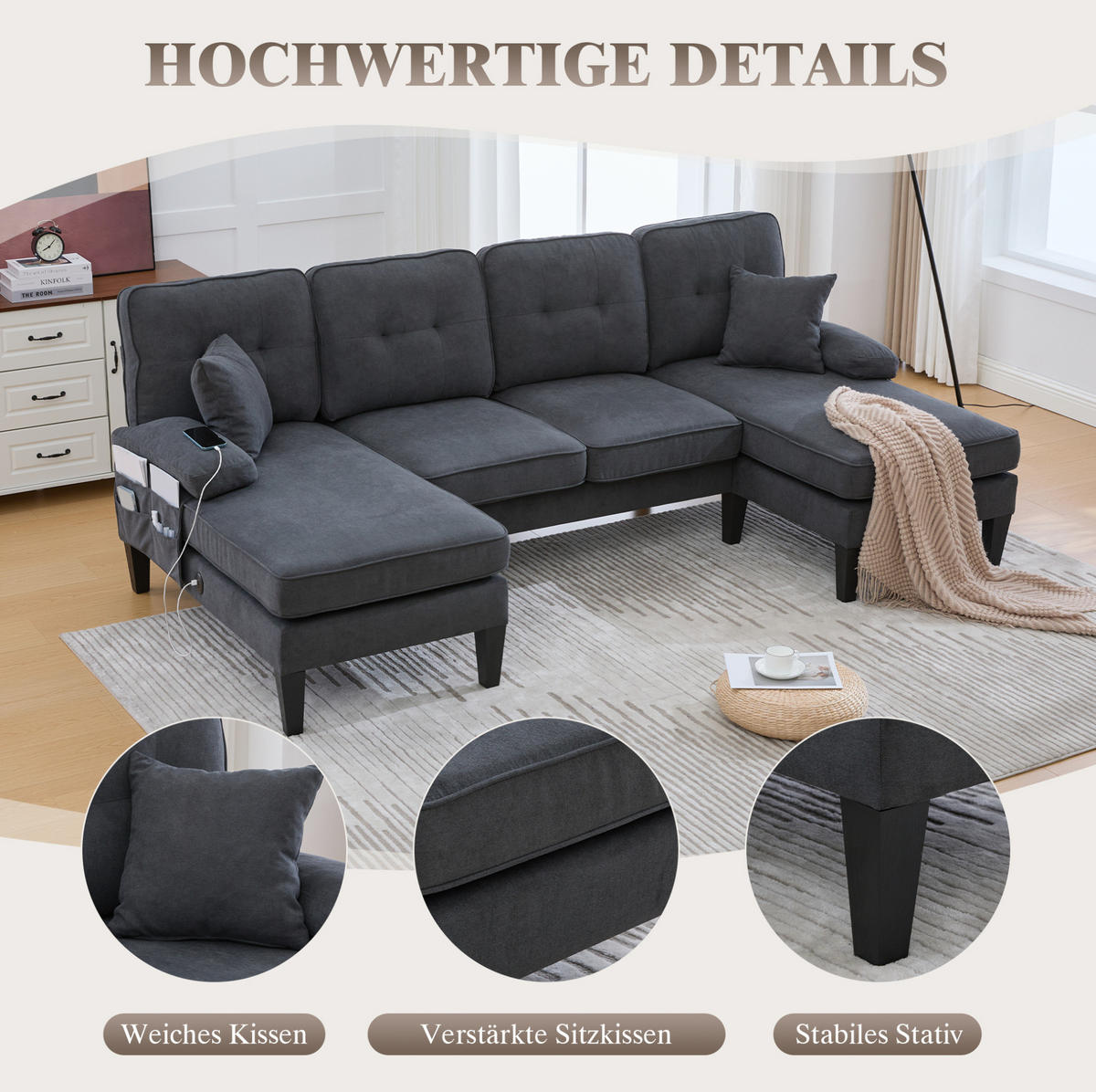 WOHNLANDSCHAFT aus Leinenstoff 250x130x88 cm in Dunkelgrau mit USB/Type-C - Dunkelgrau, Textil (130/88/250cm) - Modfu