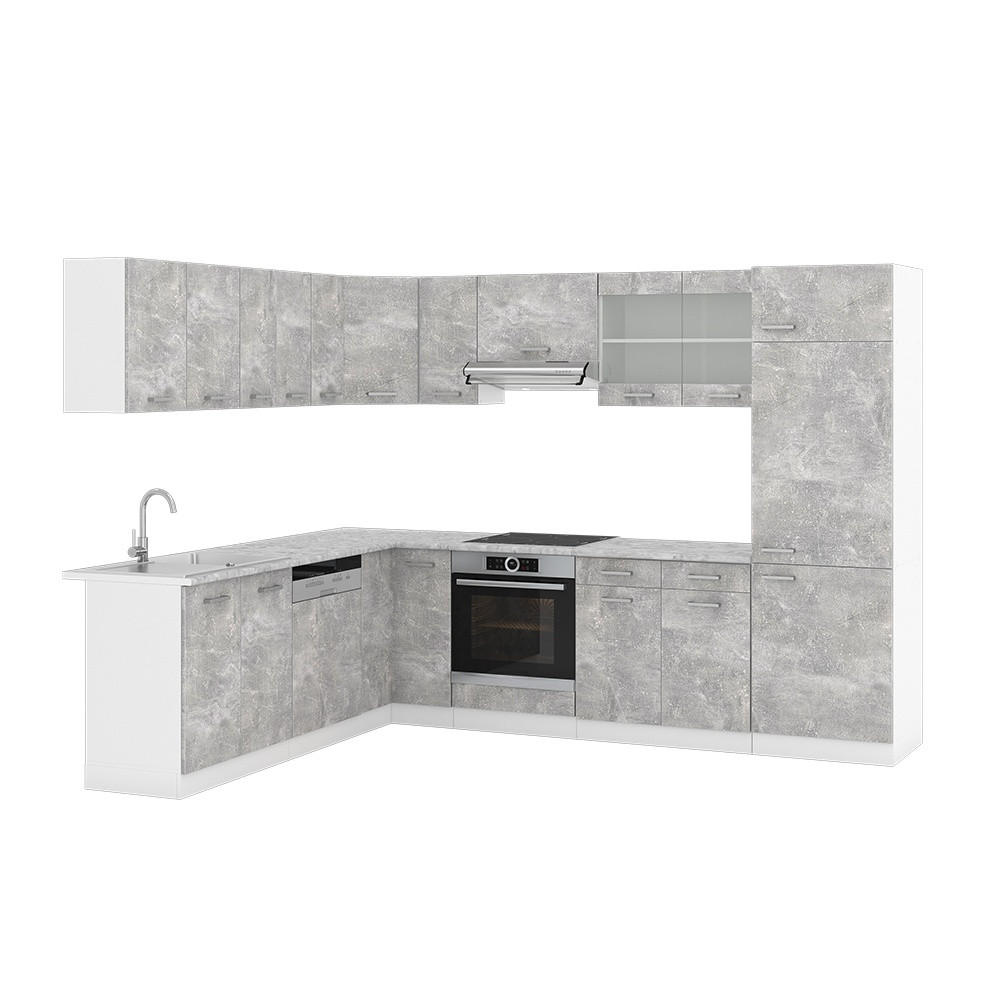 ECKKÜCHE R-Line, Beton/Weiß, 287 x 227 cm ohne Arbeitsplatte - Weiß/Grau, Holzwerkstoff (287/81.6/46cm) - Vicco