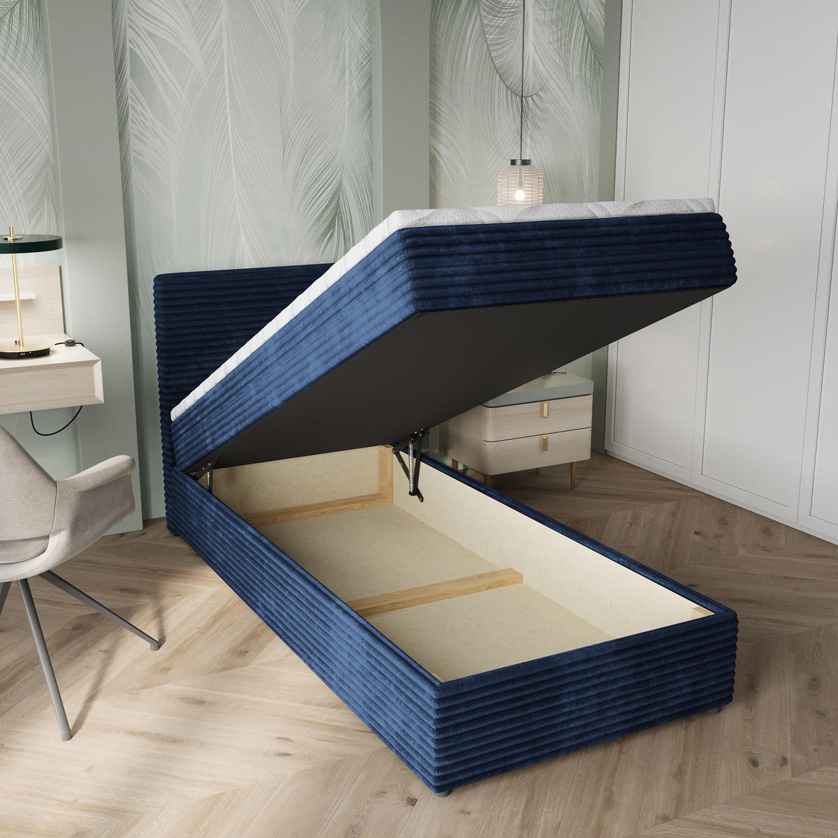 BOXBETT PISA 100 100x200 cm mit Matratze und Topper, H2+H3 - Blau - Blau, Holz (100/200cm) - MASSENO