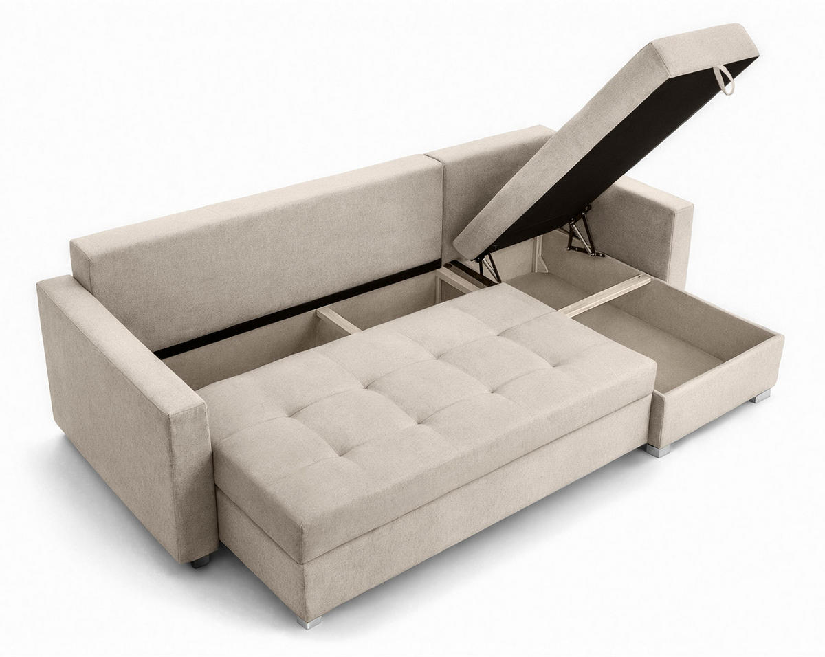 ECKSOFA Universelle L Form Elif Beige 220/140/85 cm stilvolle mit Schlaffunktion - Beige/Silberfarben, Kunststoff/Textil (220/140cm) - AX Living