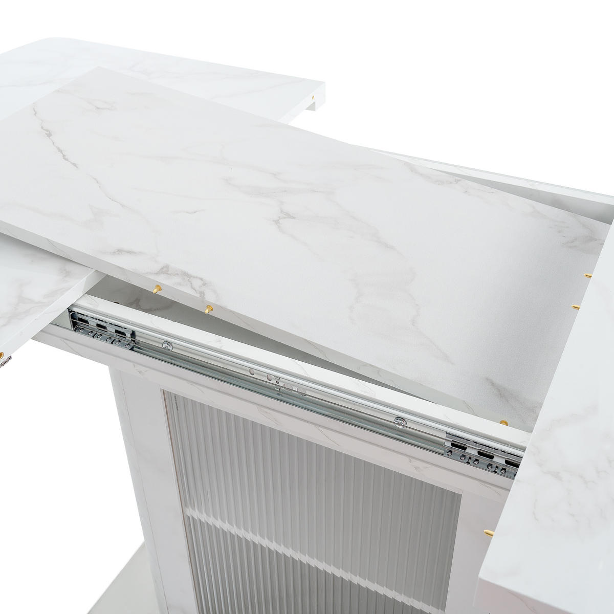 ESSTISCH Weiß Marmoroptik mit Ausziehfunktion & Stauraum-Sockel - Weiß, Glas/Holzwerkstoff (80/160/76cm) - Urban Meuble