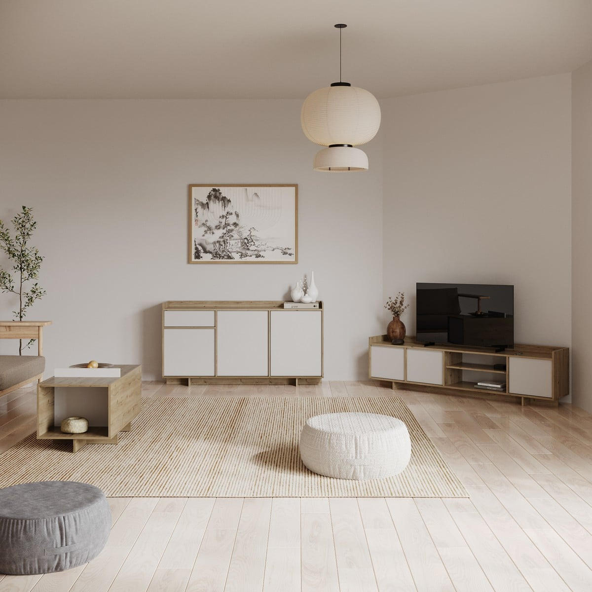 TV-MÖBEL mit 3 Türen und 1 Nische, Dekor in königlicher Eiche und Weiß 183/36,2/49,6 cm - Eschefarben, Holzwerkstoff (36.2/49.6/37.7cm) - Calicosy