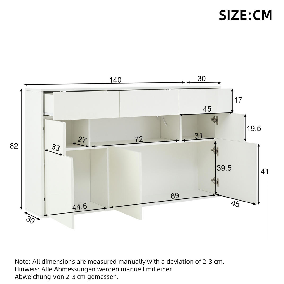 KOMODA 140/30/82 cm od MDF-a s 3 ladice, 5 ormarića i LED rasvjetom, visoki sjaj, Bijela - bijela/bijela visoki sjaj, drvni materijal (140/82/30cm) - Redom