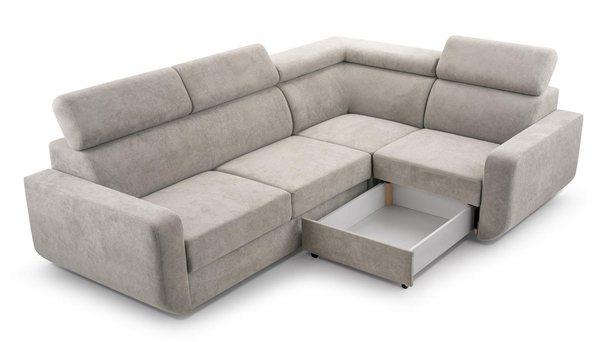 ECKSOFA RENO Grau Plüsch-Stoff mit Schlaffunktion - Grau, Holz (263/184cm) - MASSENO
