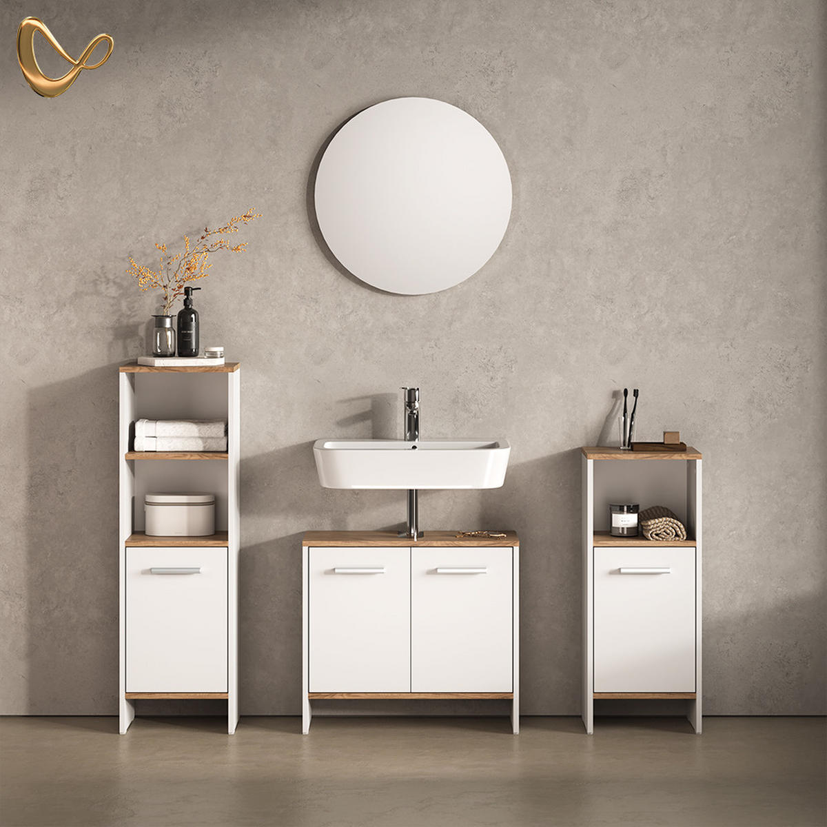 BADMÖBEL-SET Amalfi Weiß/Goldkraft Eiche 2 Teile - Honigeiche/Weiß, Holzwerkstoff (33.8/108.2/26.3cm) - Livinity®