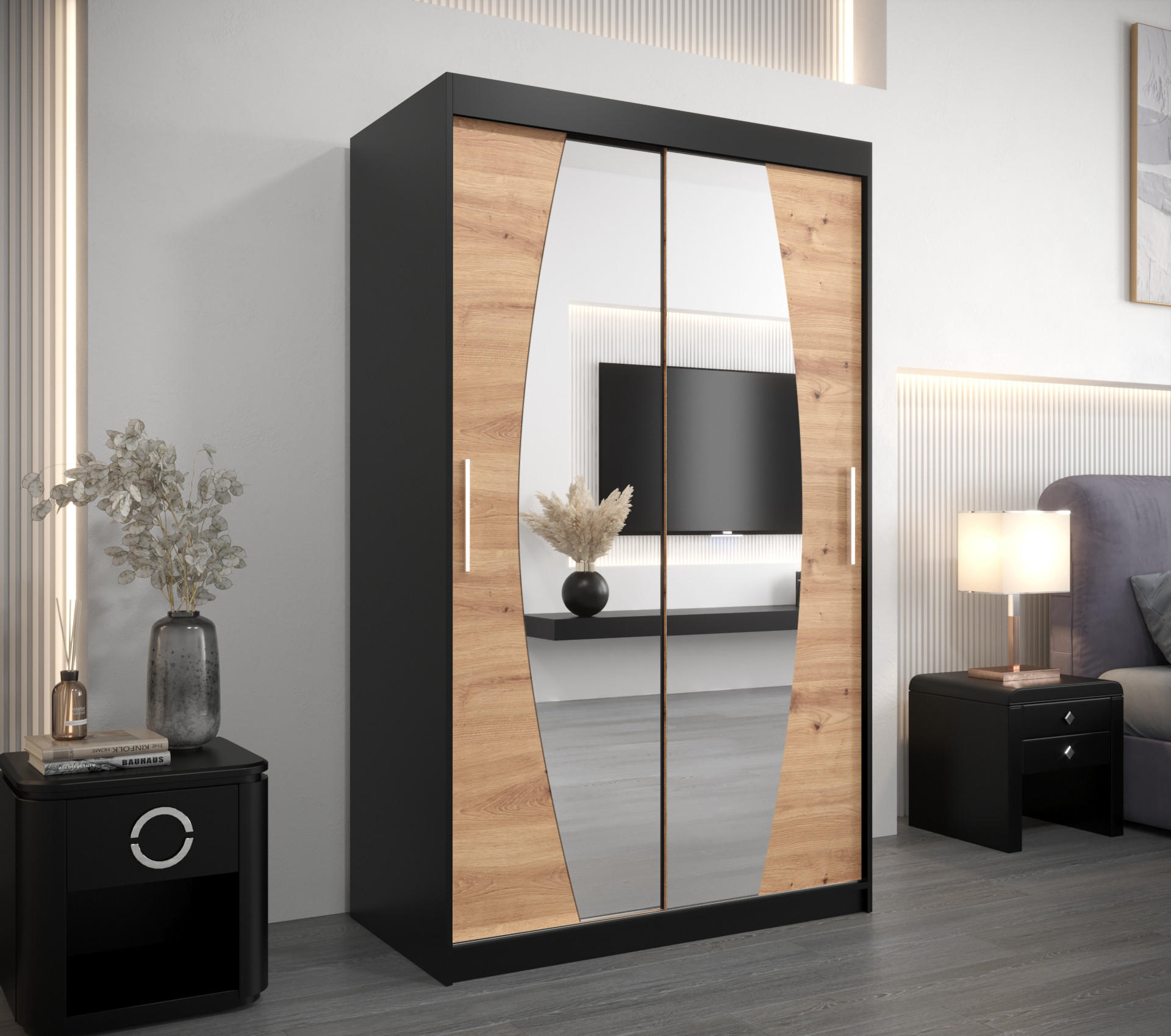SCHWEBETÜRENSCHRANK 200/120/62 2-türig - Silberfarben/Schwarz, Holz/Kunststoff (120/200/62cm) - Abiks Möbel