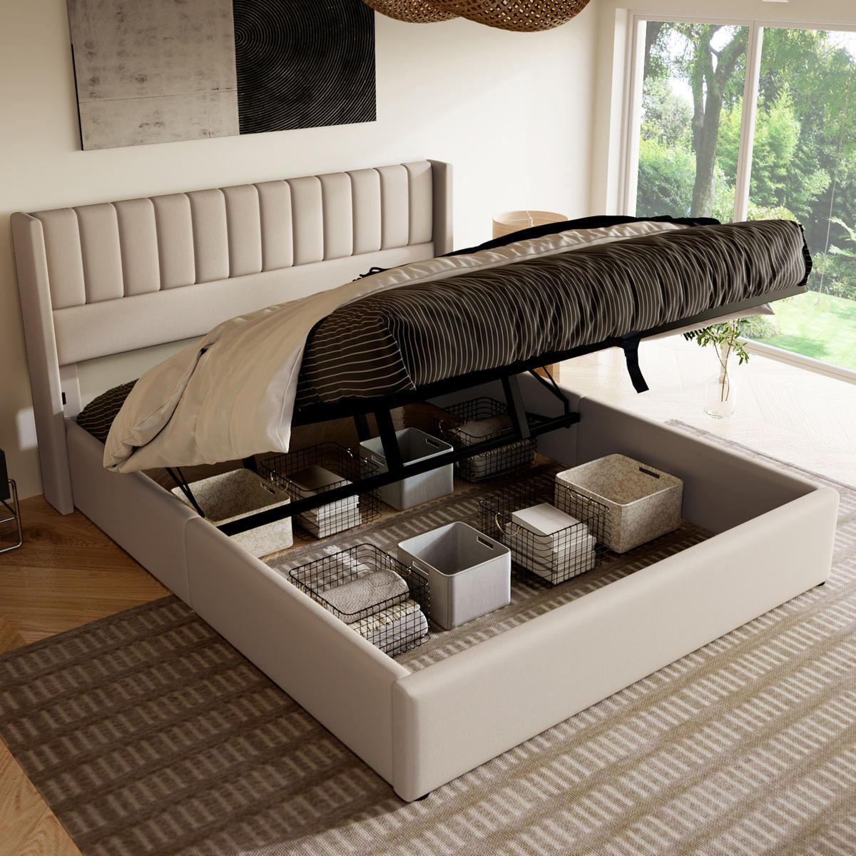BETT mit Bettkasten 140x200 cm Leinen Beige inkl. Matratze - Beige, Metall (140/200cm) - Meubliv