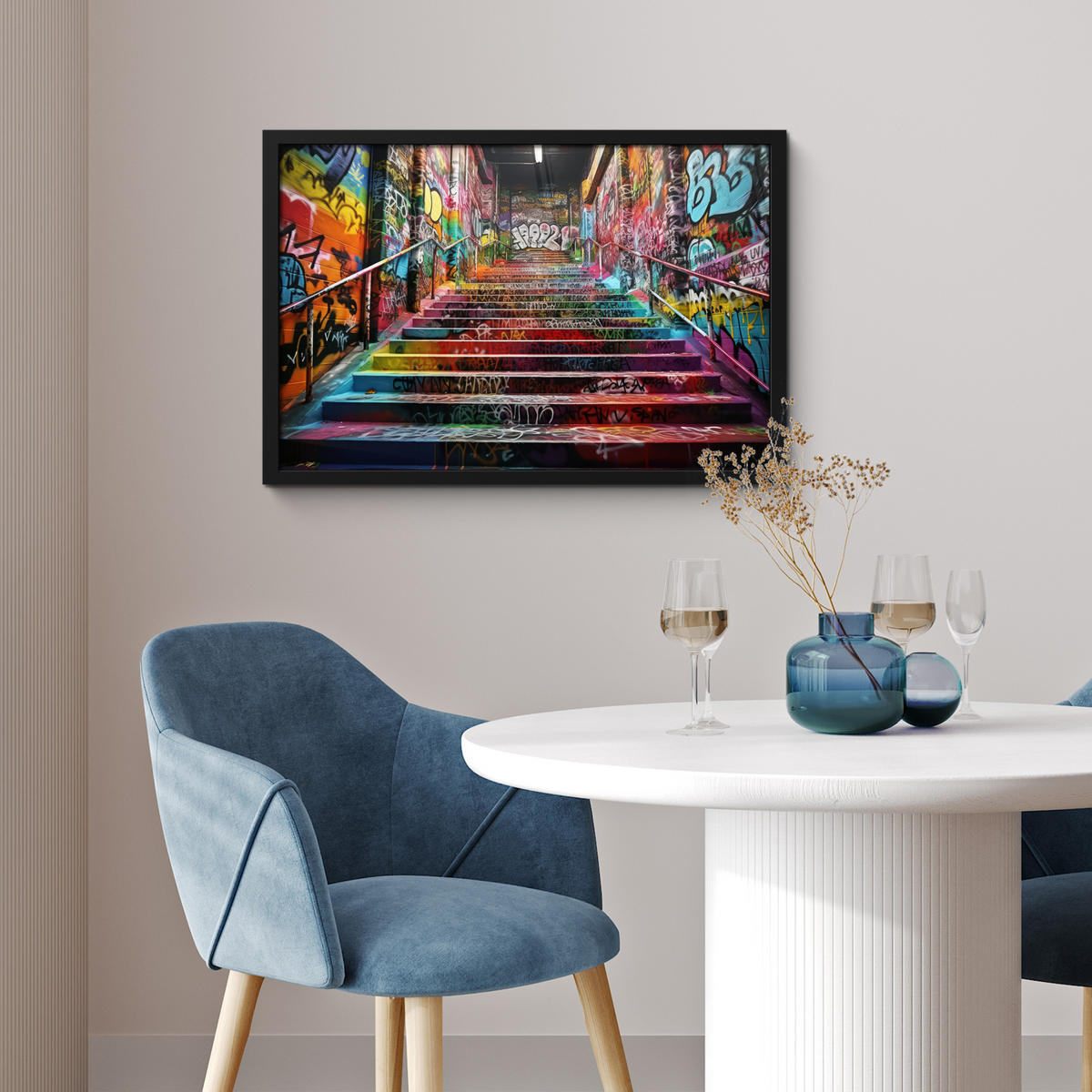POSTER MIT RAHMEN Treppe - Graffiti - Farben - Kunst 60x40 cm - Multicolor, Papier (60/40cm) - MuchoWow