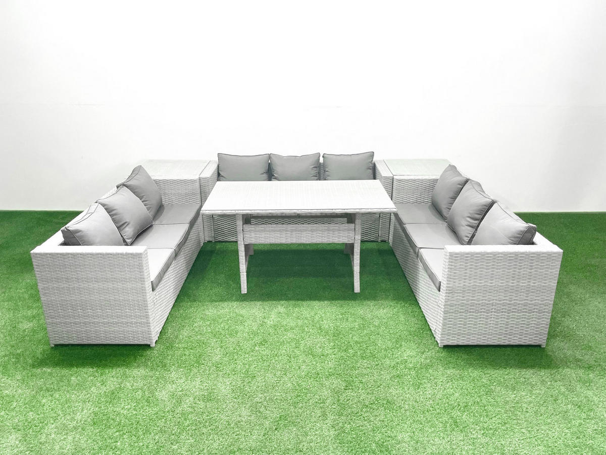 GARTENSET mit Esstisch,Sofa,2 Beistelltischen Polyrattan Hellgrau 9-Sitzer - Hellgrau/Grau, Glas/Kunststoff - Fimous