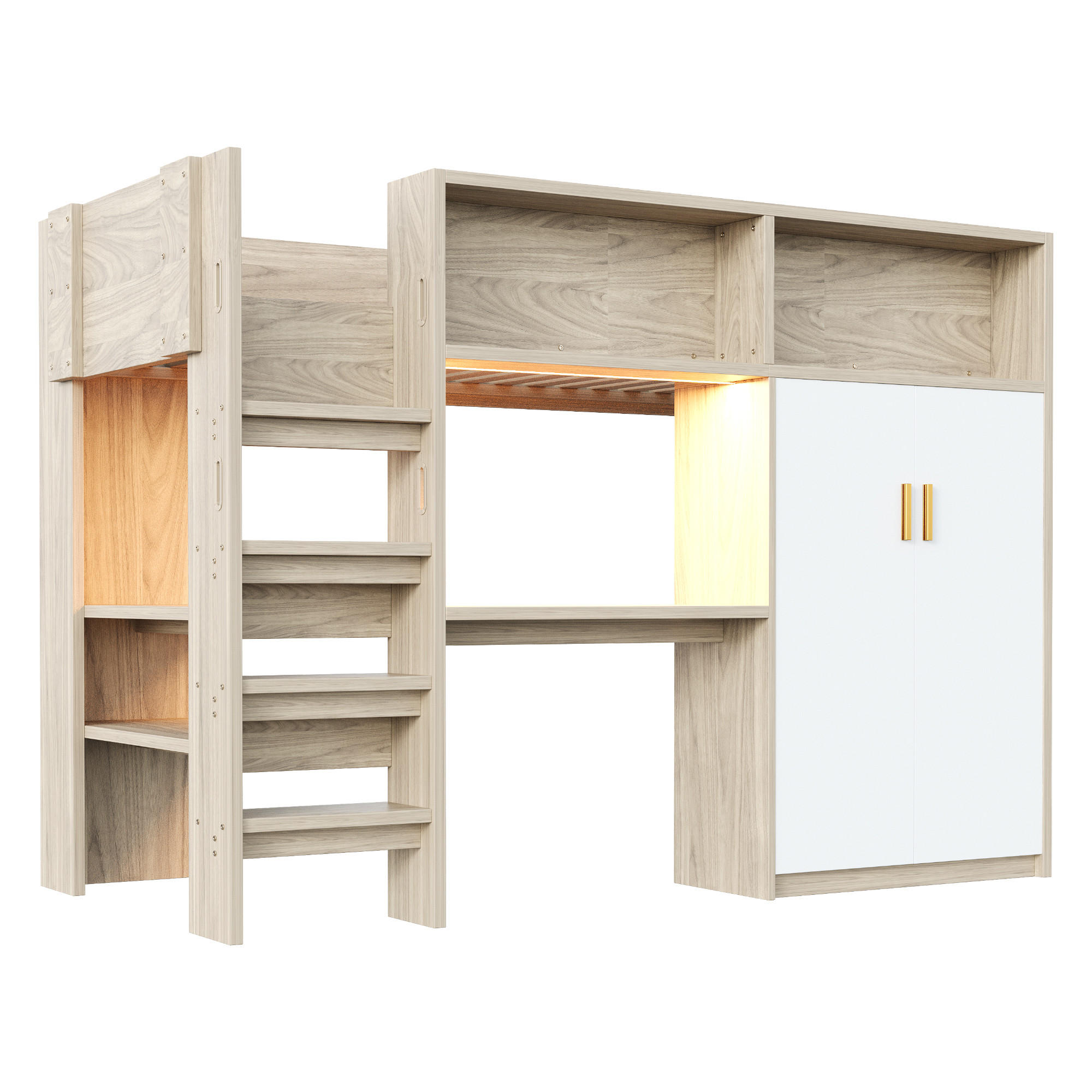 HOCHBETT 90/200 cm DE-01496, in Holzfarbe, mit Schreibtisch, Kleiderschrank, Regal und LED-Beleuchtung - Naturfarben, Holzwerkstoff (90/200cm) - ComfortXL