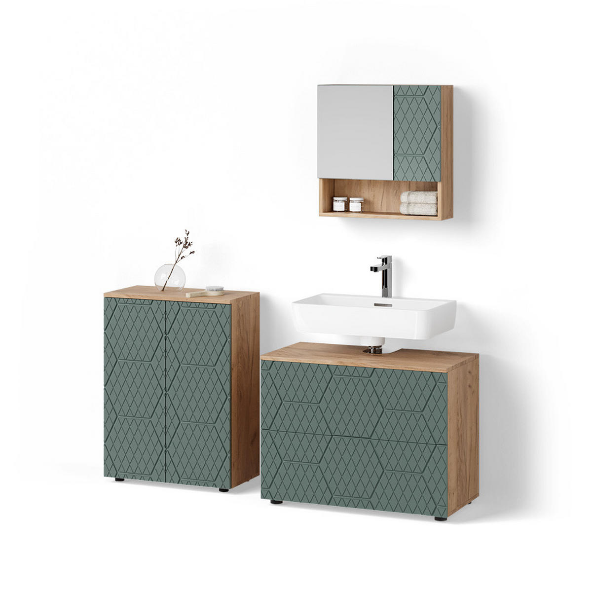 BADMÖBEL-SET Ronco Grün/Goldkraft Eiche 3 Teile, mit Unterschrank 80 cm - Eiche Wotan/Grün, Holzwerkstoff (80/58/41cm) - Livinity®