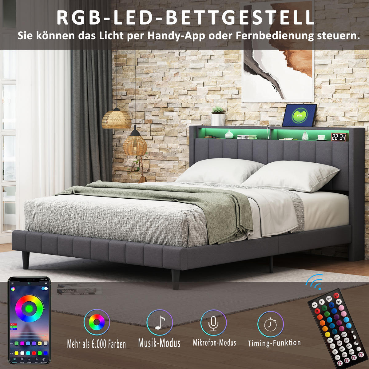 POLSTERBETT 160x200 cm, Grau, mit USB & LED - Grau, Textil/Metall (160/200cm)