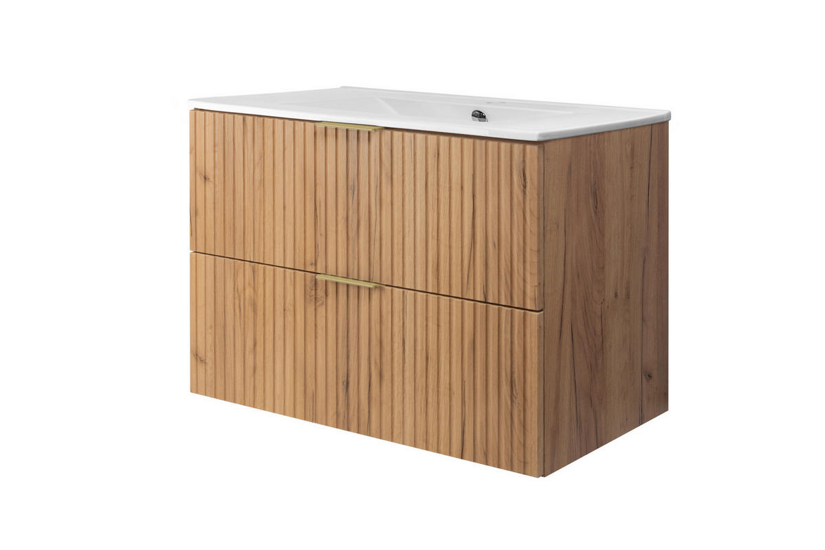 WASCHBECKUNTERSCHRANK, Eiche Craft, 80 x 57 x 46 cm, Griff Gold, ohne Arbeitsplatte - Eichefarben/Goldfarben, Holzwerkstoff (80/57/46cm) - 3XE LIVING