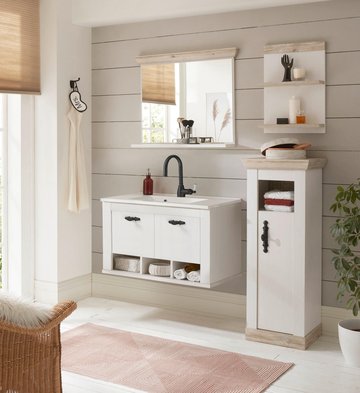 BADKOMBINATION Pinie weiß, Oslo Pinie, Landhaus Badmöbel Set 5-tlg. hängend MIT Waschbecken 143 x 200 cm - Anthrazit/Weiß, Holzwerkstoff/Metall (143/200/46cm) - Furn.Design